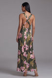 Olive Printed Floral Sheath Spaghetti Straps Long Evening Dress
