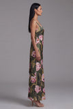 Olive Printed Floral Sheath Spaghetti Straps Long Evening Dress