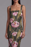 Olive Printed Floral Sheath Spaghetti Straps Long Evening Dress