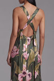 Olive Printed Floral Sheath Spaghetti Straps Long Evening Dress