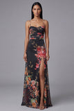 Black Floral Spaghetti Straps A Line Evening Dress with Slit