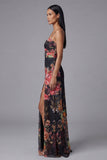 Black Floral Spaghetti Straps A Line Evening Dress with Slit