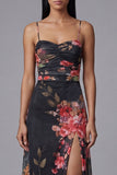 Black Floral Spaghetti Straps A Line Evening Dress with Slit