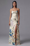 Black Floral Spaghetti Straps A Line Evening Dress with Slit