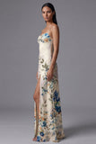 Black Floral Spaghetti Straps A Line Evening Dress with Slit