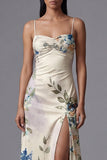 Black Floral Spaghetti Straps A Line Evening Dress with Slit