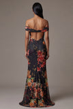 Off The Shoulder Black Printed Mermaid Long Evening Dress
