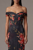 Off The Shoulder Black Printed Mermaid Long Evening Dress