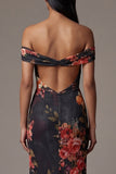 Off The Shoulder Black Printed Mermaid Long Evening Dress