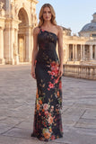 One Shoulder Mermaid Black Floral Evening Dress