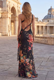 One Shoulder Mermaid Black Floral Evening Dress