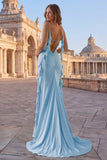 Sky Blue Ruched Mermaid Ruffle Long Prom Dress with Slit