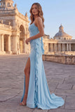 Sky Blue Ruched Mermaid Ruffle Long Prom Dress with Slit