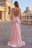 Beaded Sky Blue Ruffle Spaghetti Straps Mermaid Prom Dress with Slit