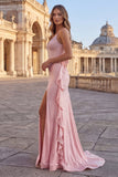 Beaded Sky Blue Ruffle Spaghetti Straps Mermaid Prom Dress with Slit