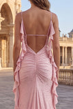 Beaded Sky Blue Ruffle Spaghetti Straps Mermaid Prom Dress with Slit