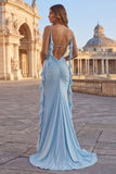 Beaded Sky Blue Ruffle Spaghetti Straps Mermaid Prom Dress with Slit