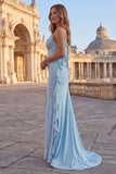 Beaded Sky Blue Ruffle Spaghetti Straps Mermaid Prom Dress with Slit