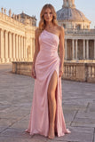Pink One Shoulder Ruched Mermaid Prom Dress with Slit