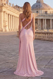 Pink One Shoulder Ruched Mermaid Prom Dress with Slit