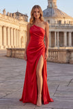Pink One Shoulder Ruched Mermaid Prom Dress with Slit