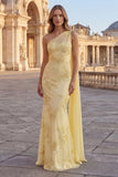 One Shoulder Mermaid Applique Yellow Prom Dress with Sash