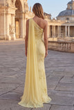 One Shoulder Mermaid Applique Yellow Prom Dress with Sash