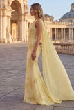 One Shoulder Mermaid Applique Yellow Prom Dress with Sash