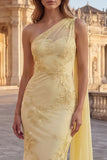 One Shoulder Mermaid Applique Yellow Prom Dress with Sash