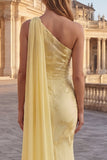 One Shoulder Mermaid Applique Yellow Prom Dress with Sash