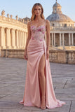 Pink Mermaid Ruched Applique Corset Prom Dress with Slit