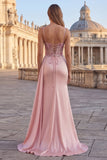 Pink Mermaid Ruched Applique Corset Prom Dress with Slit