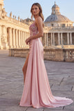 Pink Mermaid Ruched Applique Corset Prom Dress with Slit