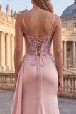 Pink Mermaid Ruched Applique Corset Prom Dress with Slit