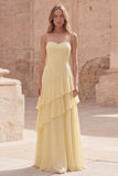Yellow A Line Ruffle Spaghetti Straps Long Prom Dress