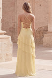 Yellow A Line Ruffle Spaghetti Straps Long Prom Dress