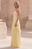 Yellow A Line Ruffle Spaghetti Straps Long Prom Dress