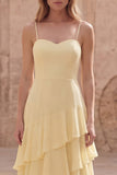 Yellow A Line Ruffle Spaghetti Straps Long Prom Dress