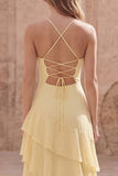 Yellow A Line Ruffle Spaghetti Straps Long Prom Dress