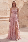 Blush Ruched A Line Sweetheart Sequin Appliqued Prom Dress with Slit