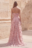 Blush Ruched A Line Sweetheart Sequin Appliqued Prom Dress with Slit