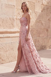 Blush Ruched A Line Sweetheart Sequin Appliqued Prom Dress with Slit