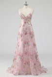 Pink A Line Spaghetti Straps Floral Long Prom Dress with Beading