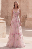 Pink A Line Spaghetti Straps Floral Long Prom Dress with Beading