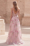 Pink A Line Spaghetti Straps Floral Long Prom Dress with Beading