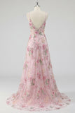 Pink A Line Spaghetti Straps Floral Long Prom Dress with Beading