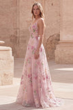 Pink A Line Spaghetti Straps Floral Long Prom Dress with Beading