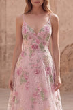 Pink A Line Spaghetti Straps Floral Long Prom Dress with Beading