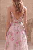 Pink A Line Spaghetti Straps Floral Long Prom Dress with Beading