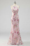 Floral Pink Halter Sequin Mermaid Prom Dress with Lace-Up Back